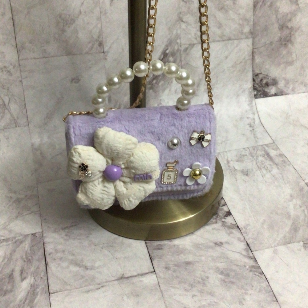 Lavender Floral Kids Purse with Pearl Handle